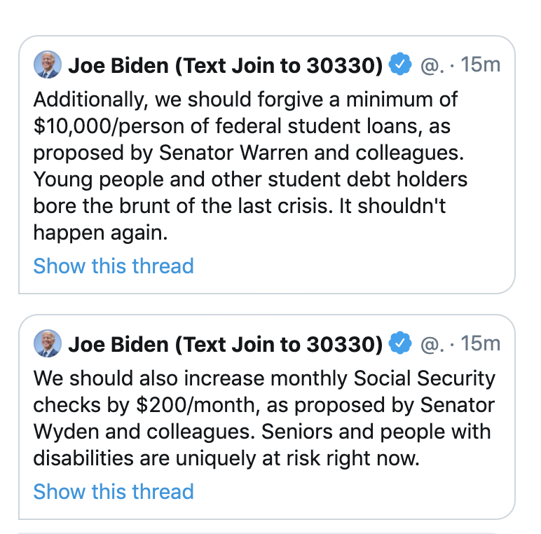   @JoeBiden just adopted two of  @SenWarren's marquee proposals - canceling student debt + expanding social security - as part of his  #COVID19 response plan. At this rate its going to be harder and harder to keep her off the ticket -  #WarrenBiden2020