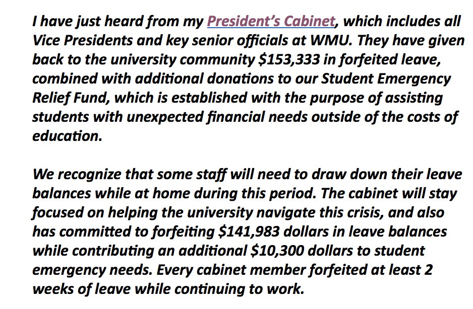 Regarding  @WesternMichU, one more thing.  @Pres_Montgomery's cabinet have each forfeited at least two weeks of leave, in addition to "contributing an additional $10,300 dollars to student emergency needs."