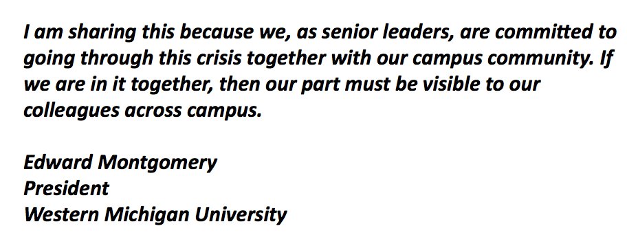 Regarding  @WesternMichU, one more thing.  @Pres_Montgomery's cabinet have each forfeited at least two weeks of leave, in addition to "contributing an additional $10,300 dollars to student emergency needs."