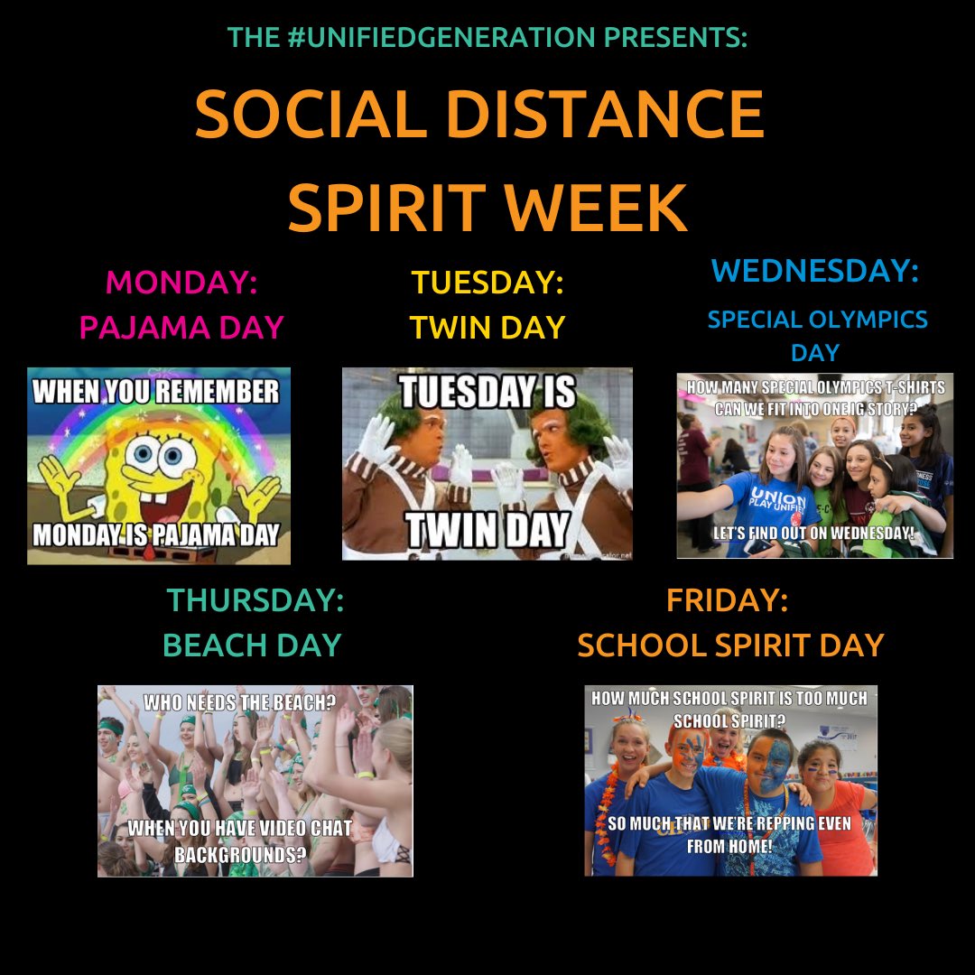 STARTING TOMORROW: The #UnifiedGeneration presents: Social Distance Spirit Week!!! 

Join the students of <a href="/SpecialOlympics/">Special Olympics</a> Unified Champion Schools across the country by dressing up to show that even though we are apart, we can #ChooseToInclude.
