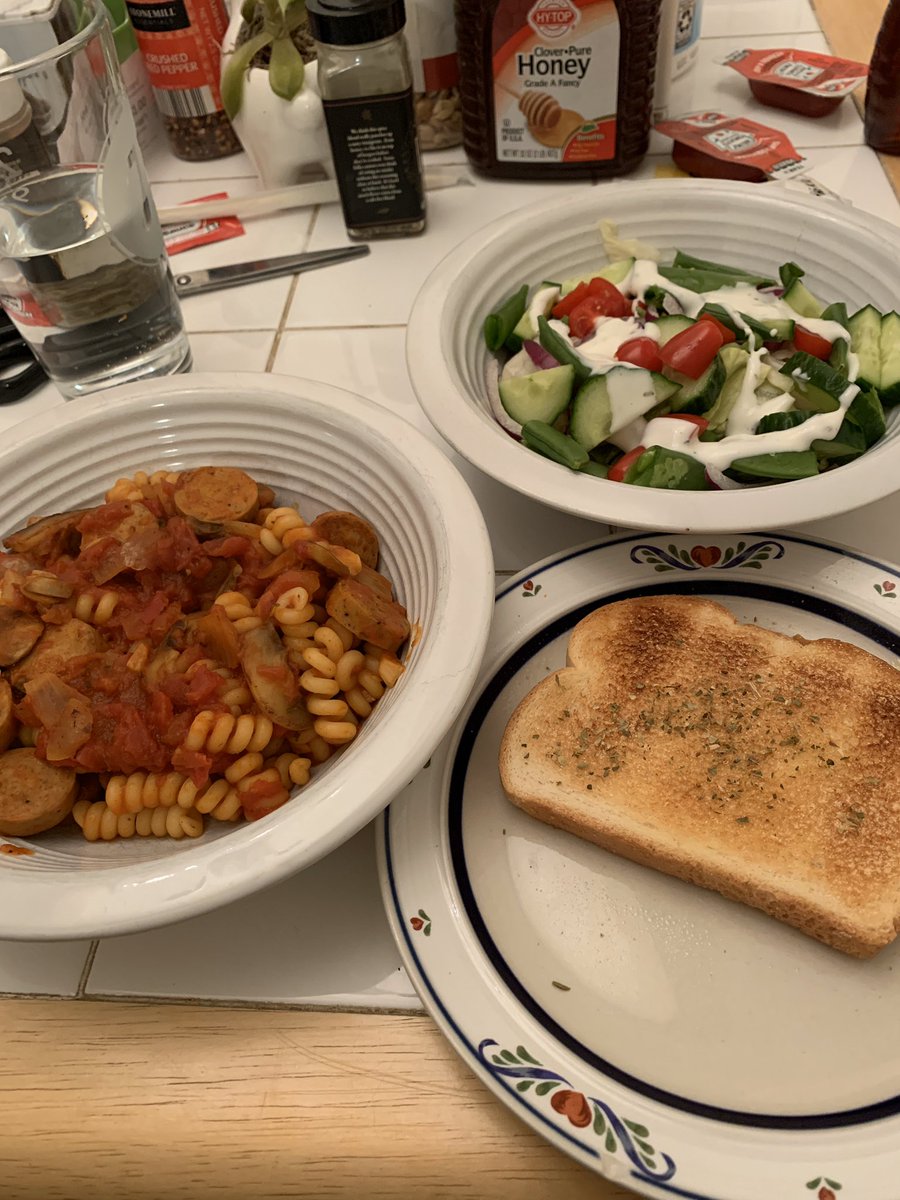Tonight’s dinner, feat. a sad but workable version of garlic bread.