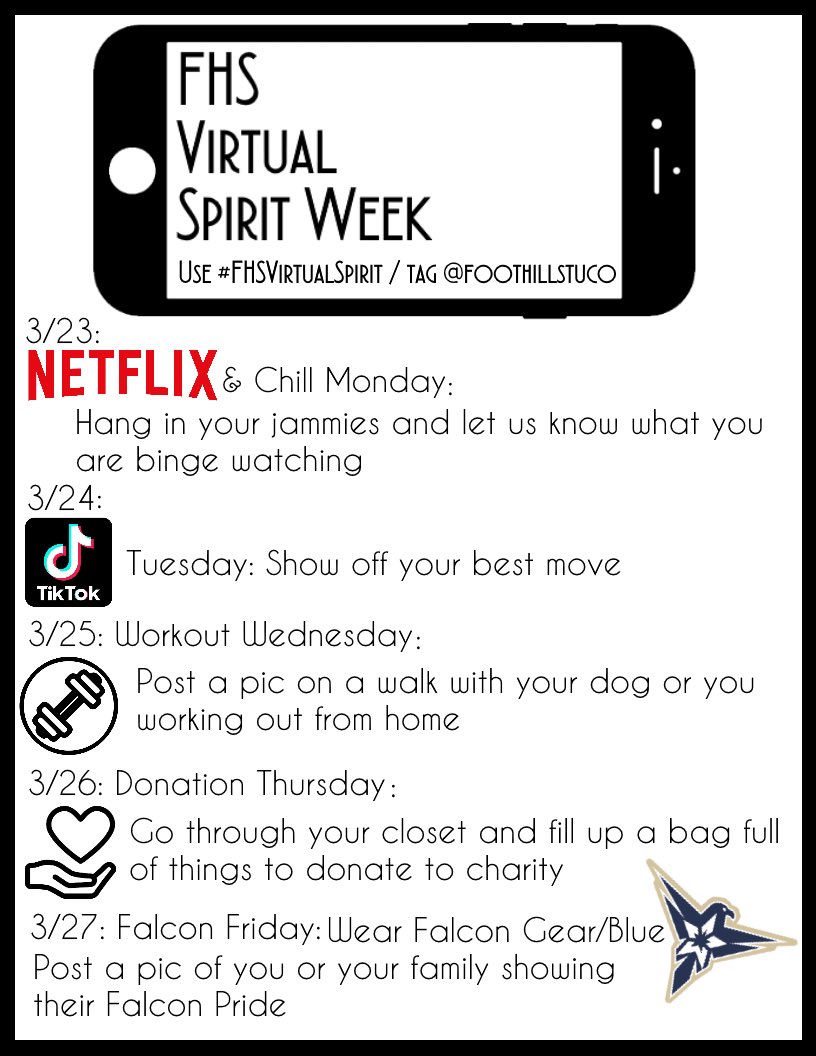 CouncilFoothill's tweet image. Our first virtual spirit week starts tomorrow! make sure to take @CouncilFoothill and put hashtag #fhsvirtualspiritweek GO FALCONS