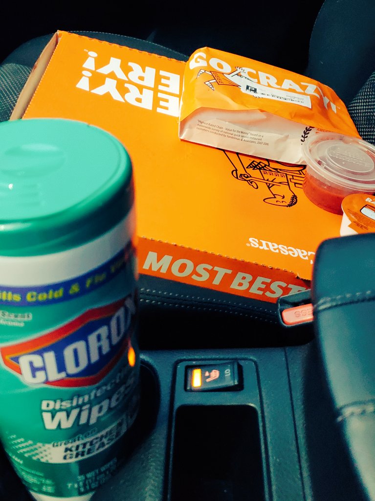 JGamm15's tweet photo. When you can't have passengers, the seat warmer becomes a pizza warmer! @littlecaesars #littlecaesars #extramostbestest #cloroxwipes #CoronavirusPandemic https://t.co/GDtdDpk3i2