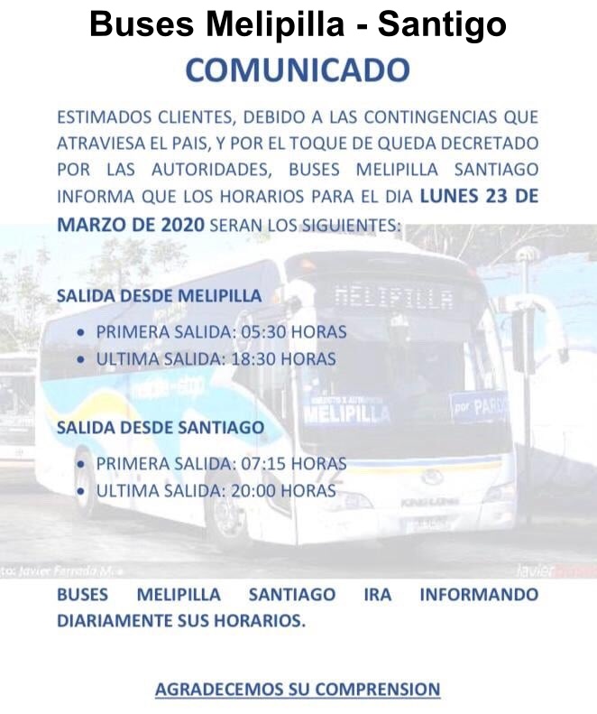 Jesus_Enrique88's tweet photo. Atención viajantes Melipilla - Santiago - San Antonio estos son los horarios de la empresas #RutaBus78 #BusesMelipillaSantiago y #BusesGGO para este lunes 23/03 comparte la info., sé solidario 👇🏾
#Covid19 #QuédateEnCasa
Melipilla Preventivo ☑️😃👇🏾 https://t.co/k0reKvU1nF