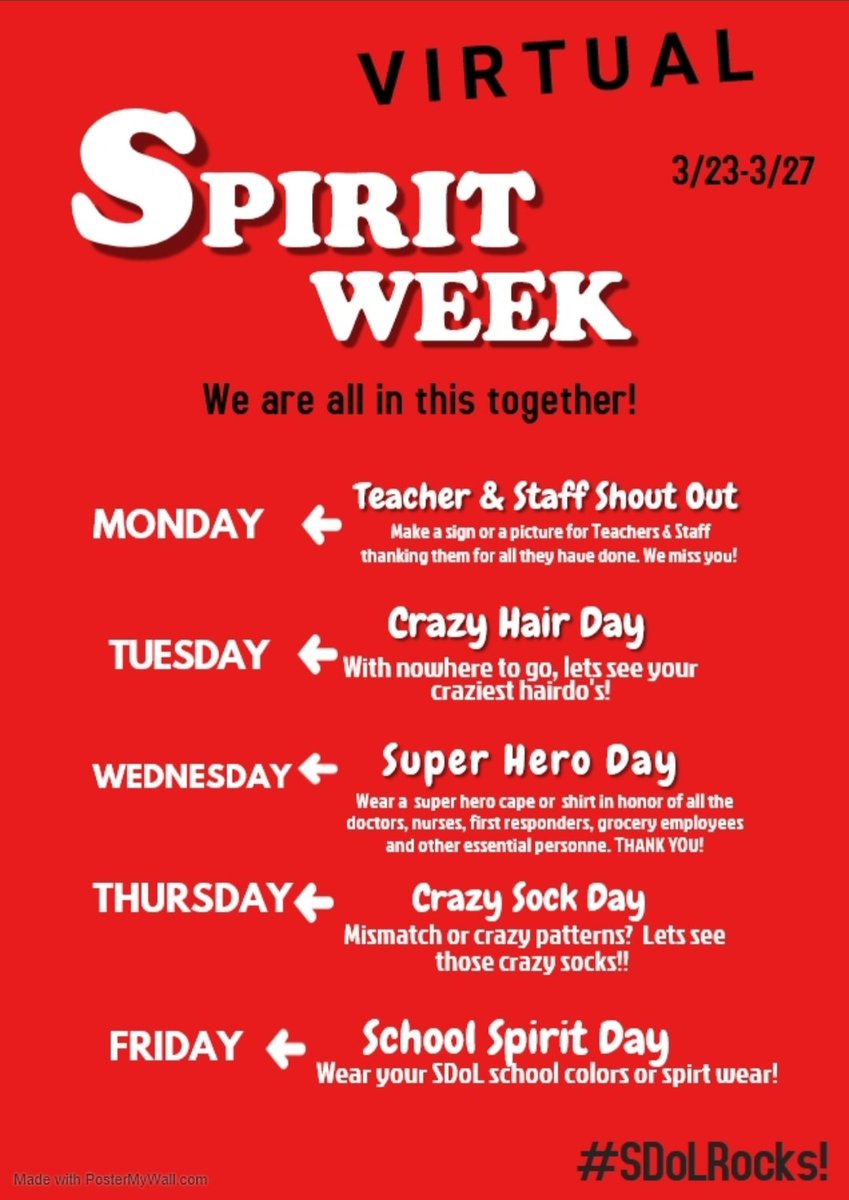 Hello Carter and MacRae Families! Let's have some fun this week! Check out our Spirit Week challenge and post your pictures below. Use the hastag #SDoLRocks! and #carterandmacrae when you post! Have a great week!