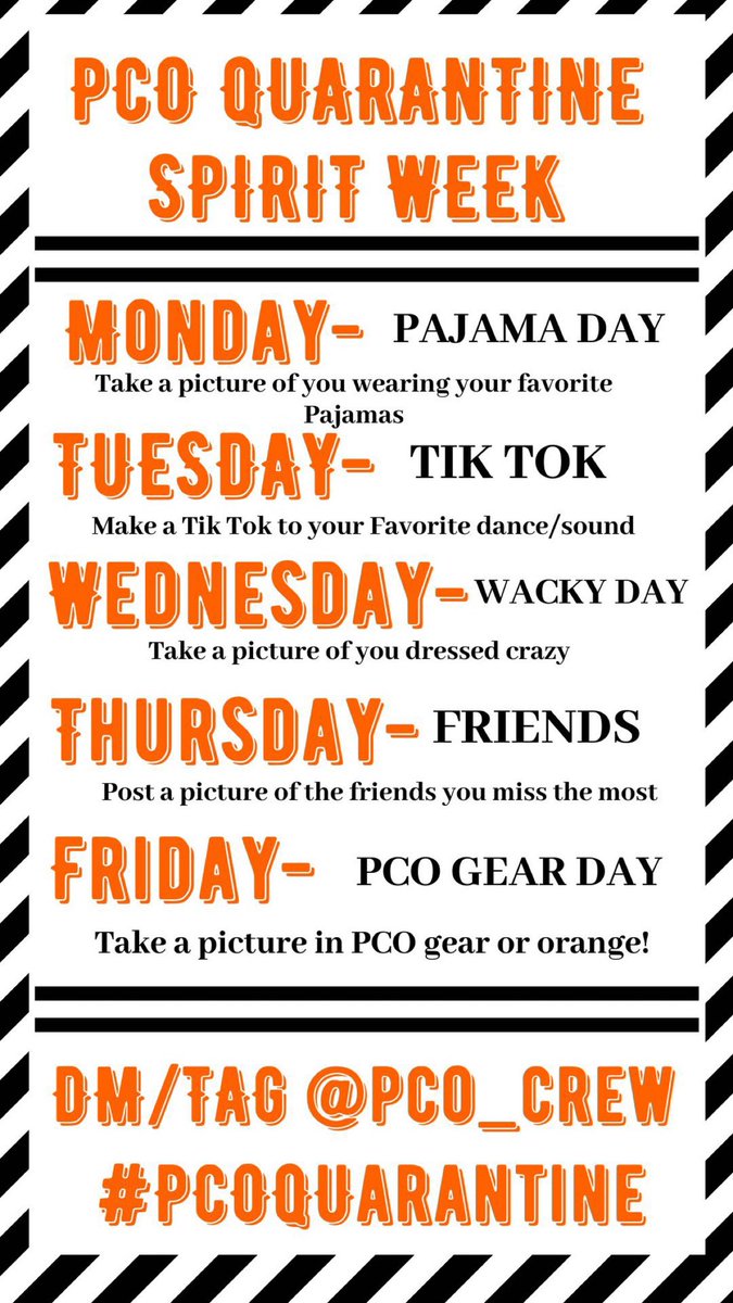PCHSCrew's tweet image. Starting tomorrow!! Who says we can’t have school spirit while stuck at home!? DM us and we’ll post it to our page!! And don’t forget to use the hashtag #pcoquarantine 🧡☠️