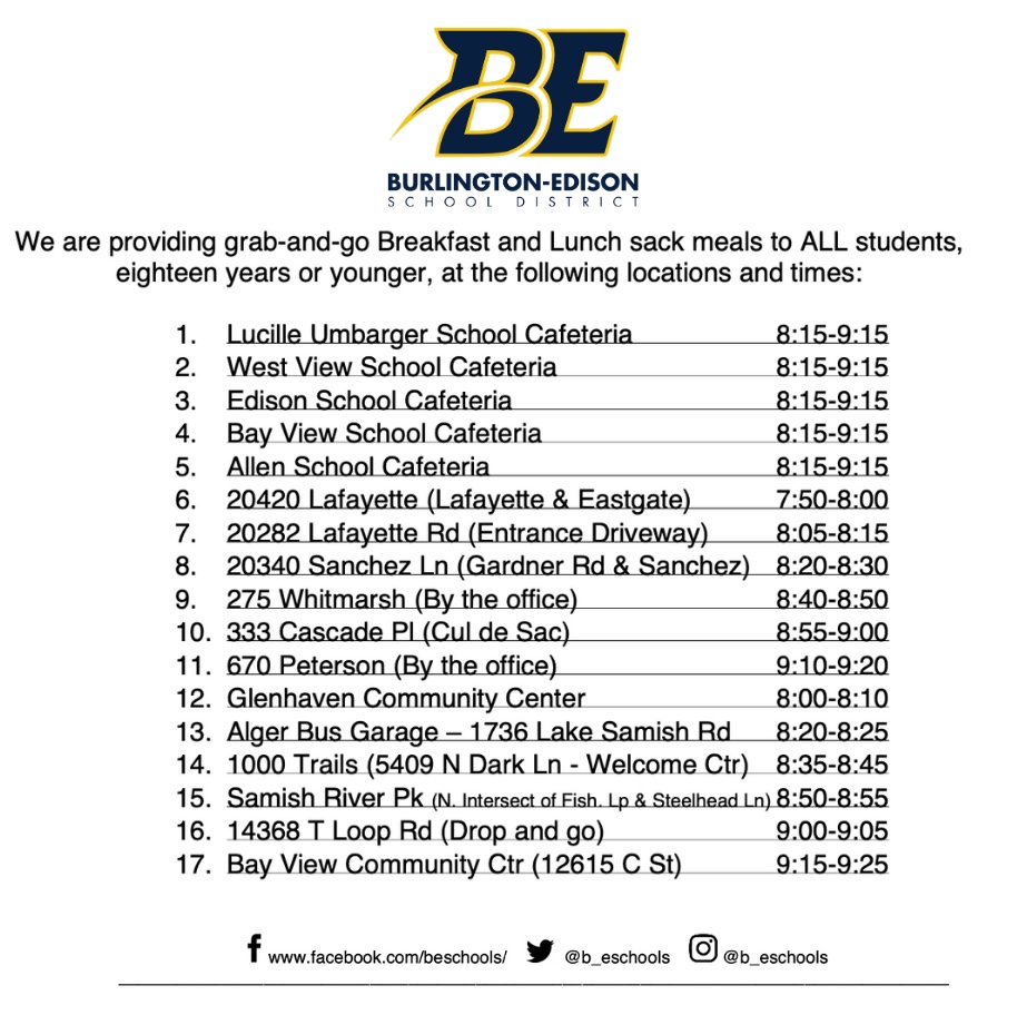 b_eschools's tweet image. Please see the updated meal locations and times, in effect the week of March 23, 2020. These meals will be available throughout the extended school closure, including the week of Spring Break. #WeAreBE