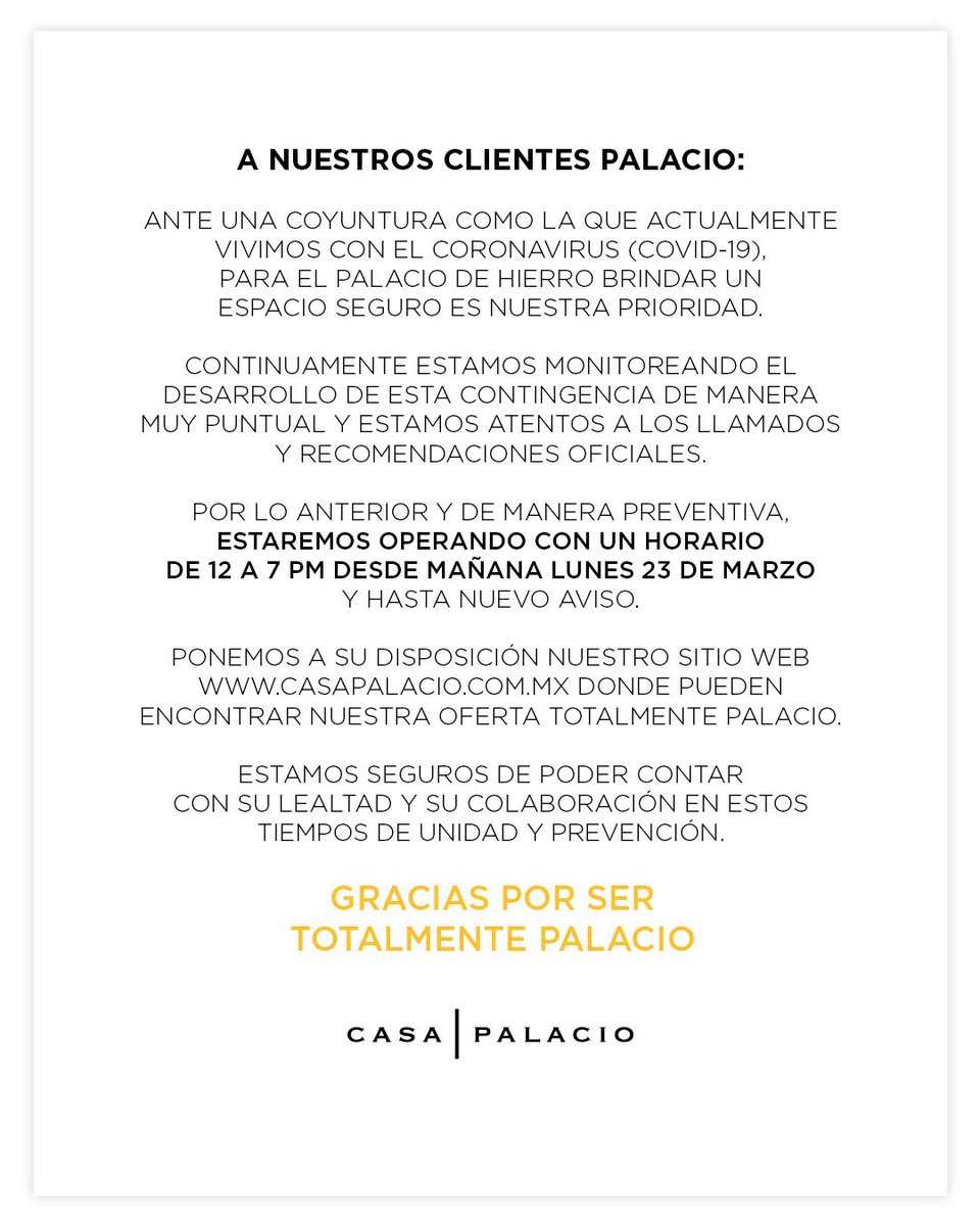 De manera preventiva, Casa Palacio estará abierto solo de 12 a 7pm hasta nuevo aviso. Continúa disfrutando de una experiencia #TotalmentePalacio en bit.ly/33E5Sp2