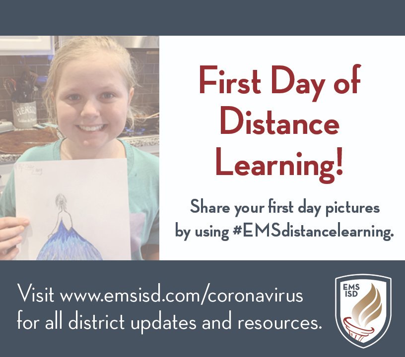 EMSISD's tweet image. Share your first day of distance learning pictures with us tomorrow, March 23, by using #EMSdistancelearning in your social media posts! We will randomly select photos under that hashtag to be posted on the district's social media pages. emsisd.com/emsdistancelea…