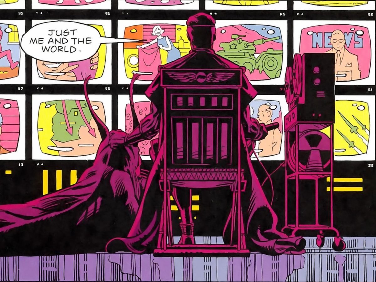 “Just me and the world” — Adrian Veidt in front of tvs