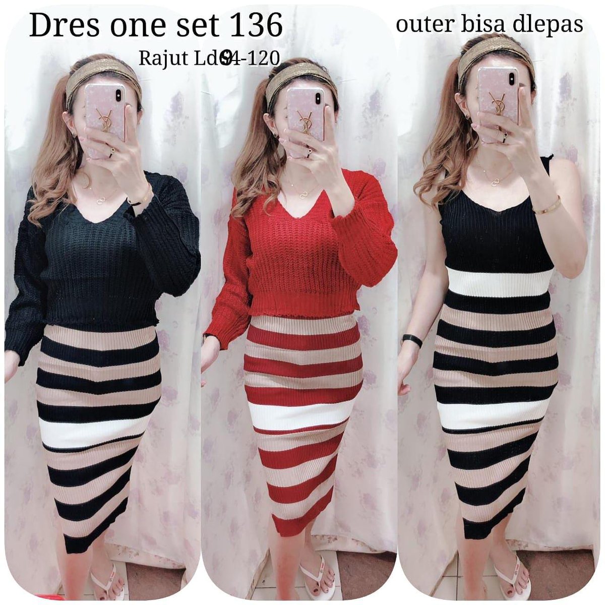 MERYVERONICA3's tweet image. 175ERN  Set dres dan outer import rajut salur 136  Bahan rajut salur good quality import melar ld94 fit L  sampai xl import