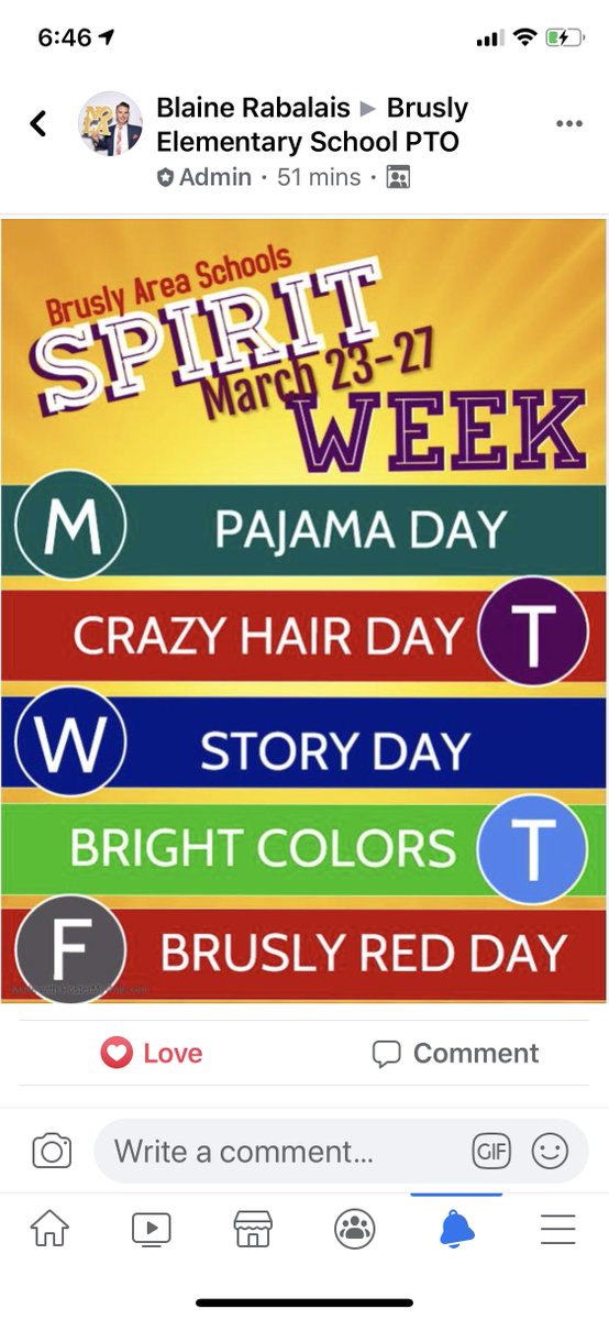 Be sure to post pics on FB or this Twitter thread! 
March 23-27th Brusly Schools Fun Days!