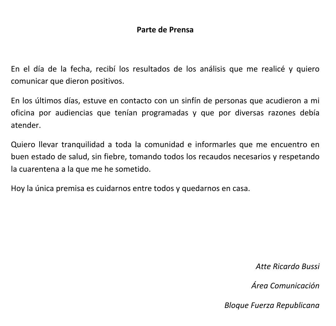 El legislador Ricardo Bussi tiene Coronavirus. El martes pasado estuvo en sesión legislativa y dio nota a un montón de periodistas. Cómo les explico. NO ME ALCANZAN LAS MAYUSCULAS NO ME HAGAN HABLAR