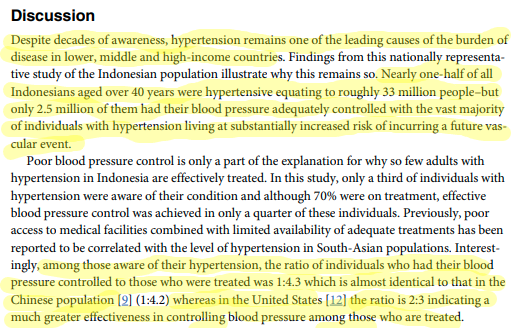 Prevalence, Awareness, Treatment and Control of Hypertension in Indonesian Adults Aged ≥40 Years: Findings from the Indonesia Family Life Survey (IFLS)"Hypertension is the major driver of the cardiovascular epidemic facing Indonesia in the 21st century." https://www.ncbi.nlm.nih.gov/pmc/articles/PMC4996427/
