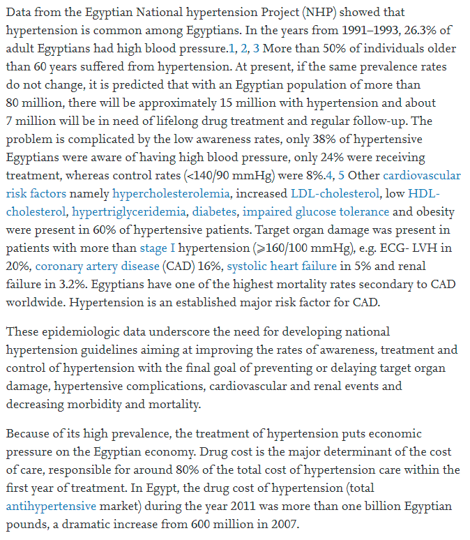 Problem of hypertension in Egypt"The problem is complicated by the low awareness rates, only 38% of hypertensive Egyptians were aware of having high blood pressure, only 24% were receiving treatment, whereas control rates (<140/90 mmHg) were 8%" https://www.sciencedirect.com/science/article/pii/S1110260813000252