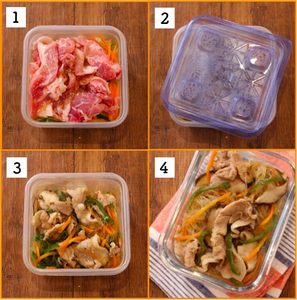 焼き肉のたれと鶏ガラで簡単！？レンジで作る「チャプチェ」！
