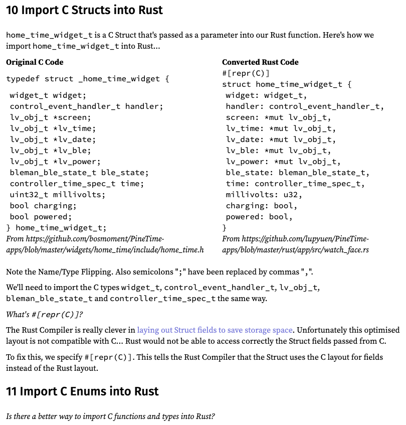 MisterTechBlog's tweet photo. Import C Structs into #RustLang... That's needed for converting #PineTime Watch Faces @ThePine64 from C to Rust on @RIOT_OS with #LittlevGL https://t.co/kbWNHqDUCV https://t.co/aorPtKzbXv