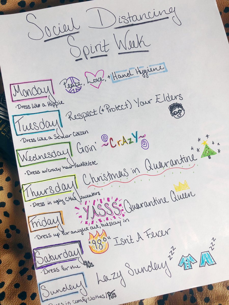ausymac34's tweet photo. Need some joy this week? Then join in on Social Distancing Spirit Week!! 🎉🎉Dress up and have something fun for each day! See the theme for each day below and share it using #socialdistanceSPIRIT Let’s spread some joy y’all! ❤️ https://t.co/ADaXLaw6iN