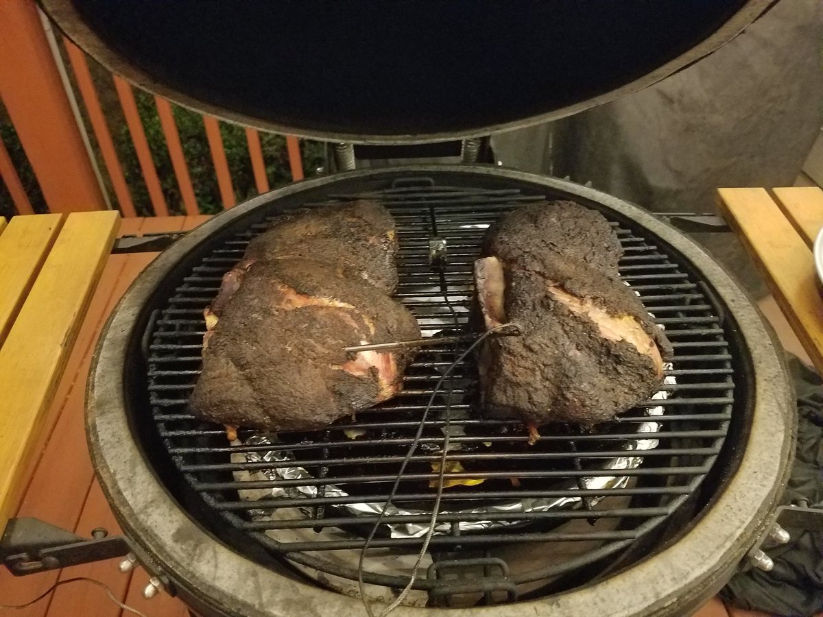 mpognant's tweet photo. I am Biscuit's favorite person, not of my own choosing, but it is days like this that only cement my position. We will both eat well for the next few days. #bbq #bostonbutts #kamadojoe #2x #coronacooking #StayAtHome https://t.co/ba328m6xpN