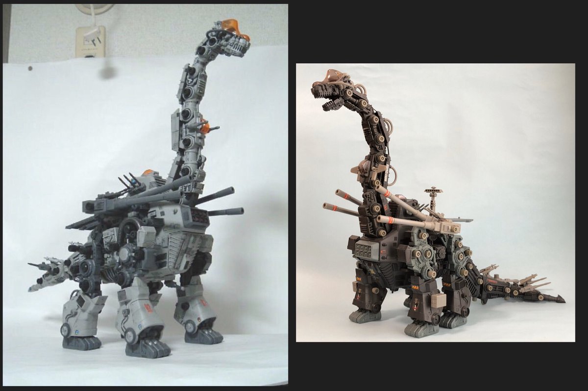 No 29 04年に製作した ウルトラザウルス 改造機です 当時の最新学説を参考に尻尾を短くした上で持ち上げたアクティブなスタイルに変更しました 首の延長や前足の付け根位置下げでオリジナルより全高が高くなっています また頭部コクピット内は複座化し No 29 04年に製作した ウルトラザウルス 改造機です 当時の最新学説を参考に尻尾を短くした上で持ち上げたアクティブなスタイルに変更しました 首の延長や前足の付け根位置下げでオリジナルより全高が高くなっています また頭部コクピット内は複座化し