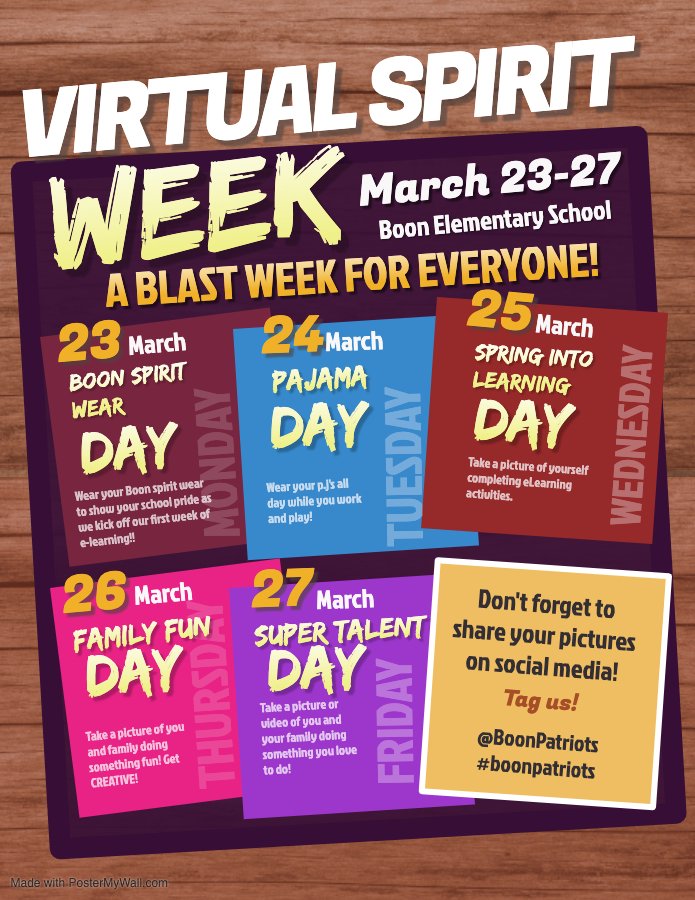 BoonPatriots's tweet photo. Get Excited Patriots! Tmrw we launch our official 1st DAY of e-Learning! To add to the excitement, Mrs. Cypert & Mrs. Ceballos thought it'd be fun to continue the virtual Spirit with another Virtual Spirit Week. Post pics/videos using #boonpatriots & tagging @BoonPatriots https://t.co/JgLylIgBY0