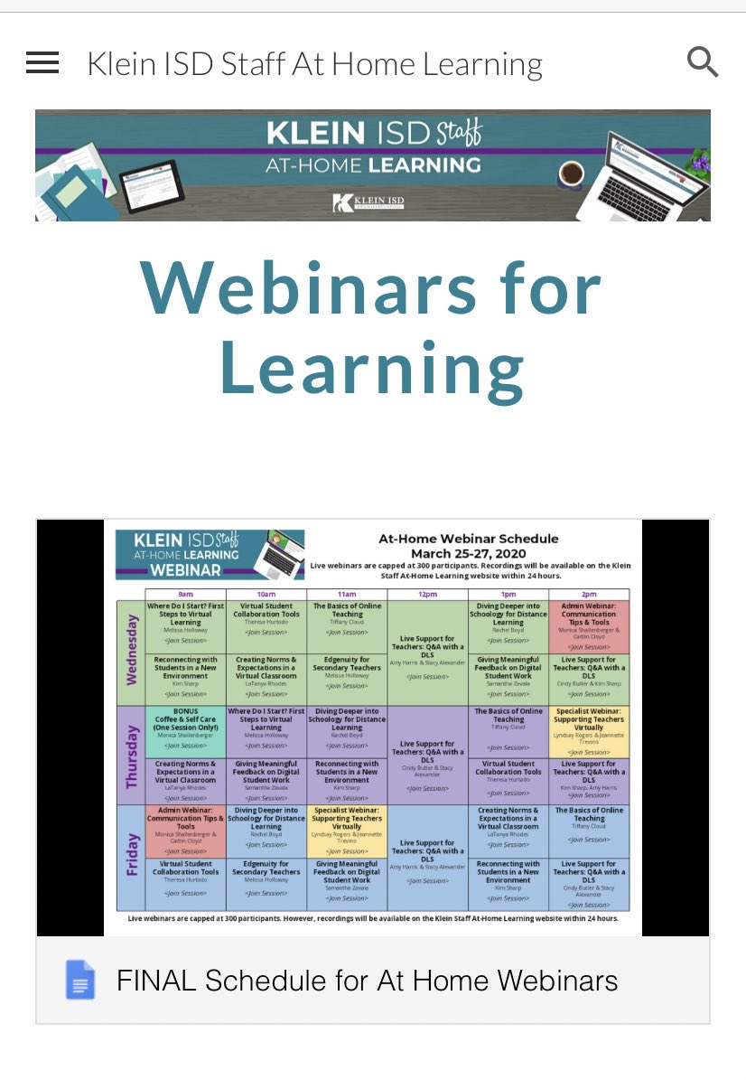 Calling all Klein ISD teachers, admin., specialists👉🏻we start webinars to support you for the virtual world of teaching THIS Wed. 3/25! If you can’t make it to a live one, they will be set up @ the Kisd.us/staffathomelea… for viewing anytime. Visit the link for the full schedule!