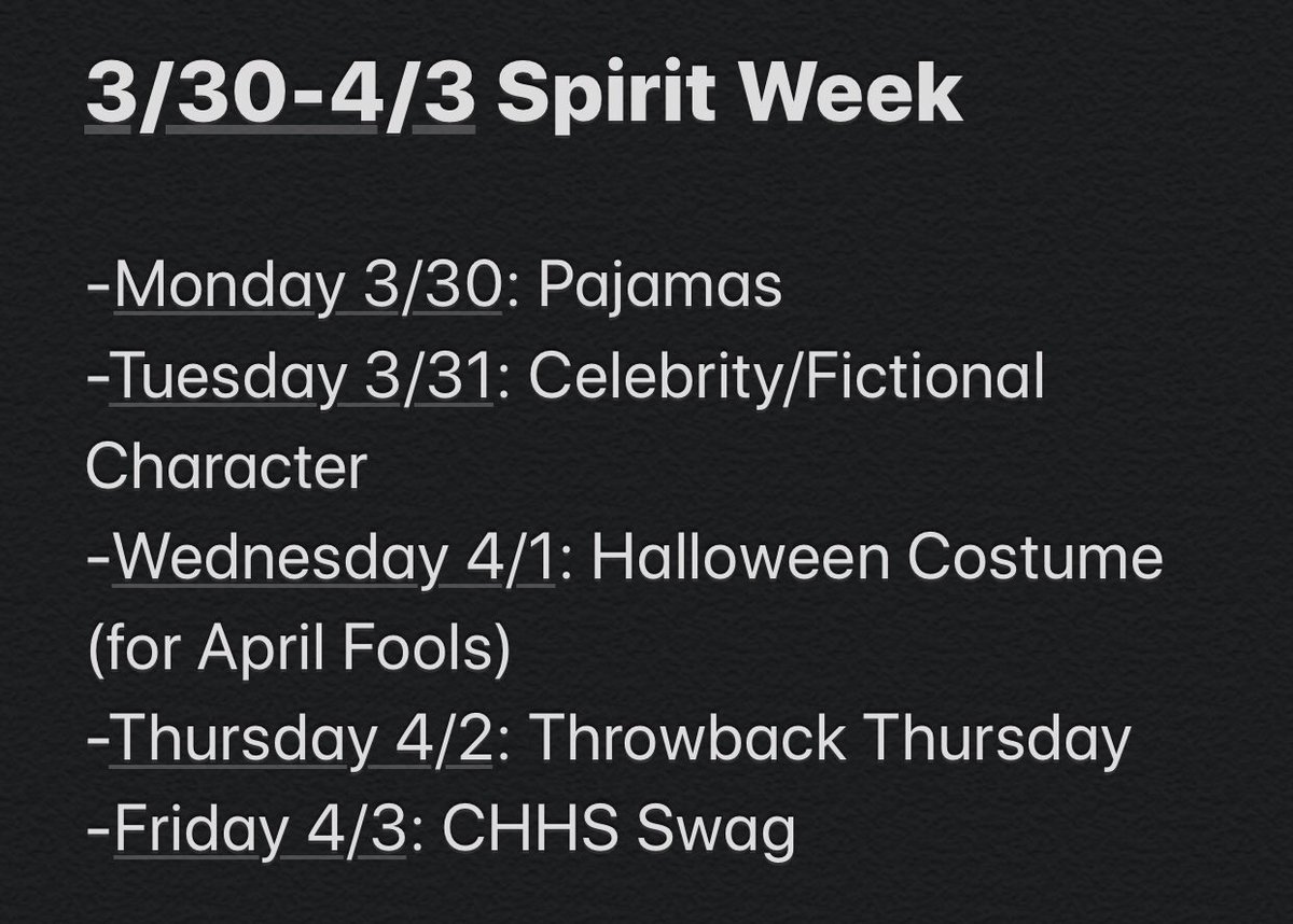 Hey <a href="/CHPantherPride/">Colleyville Heritage</a>! To help us all connect during this stressful time, we should hold a virtual Spirit Week! Ts and Ss can post pics on social media, or dress up during class video conferences. Thoughts? Here’s a potential idea...