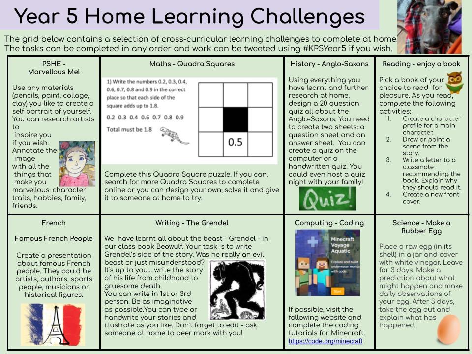 W/C 23.3.20 #KPSYear5 Home Learning! We hope you enjoy the challenges - please Tweet photos of all the fun you are having using #KPSYear5 😊