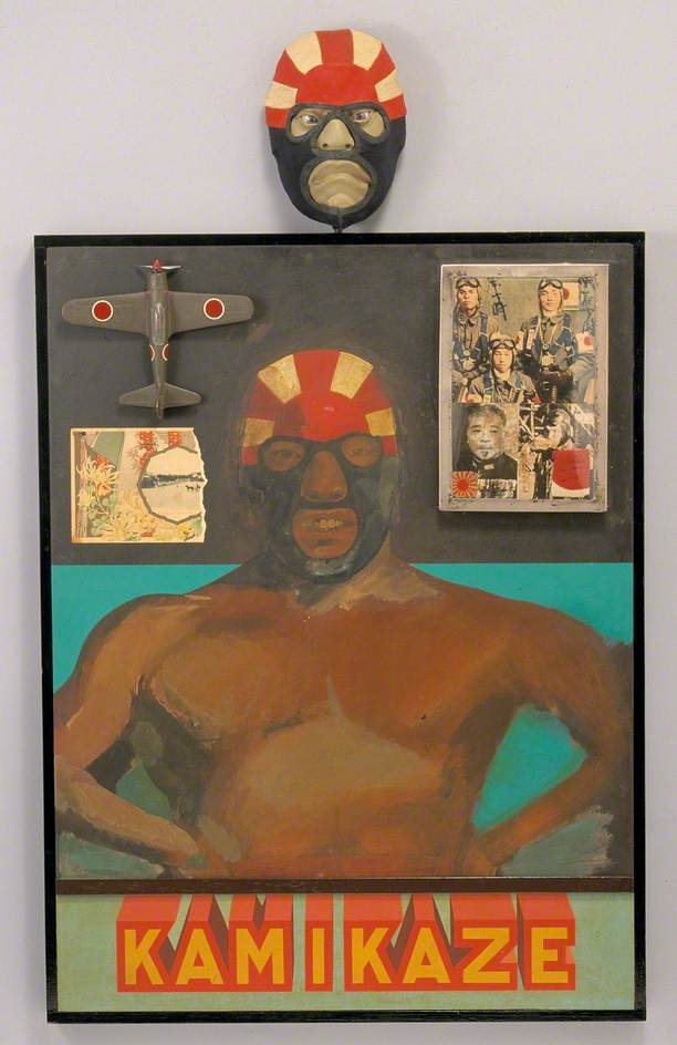Morning! Today, more pieces from  @Museum_Cardiff /  @NatMuseumArt's collection, this time with a Pop and Op theme. First up: Peter Blake's 'Kamikaze' (1965), a mixed-media work that incorporates painting, collage and a toy fighter plane.