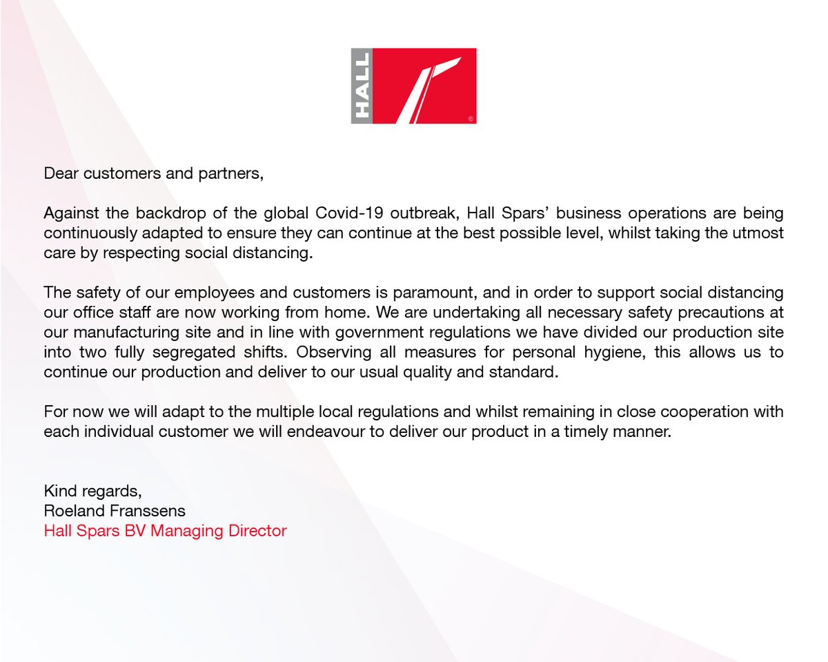 As the current COVID-19 situation continues to develop around the work, please see the latest update from Hall Spars BV.

We hope you and your families are safe during these troubling times.