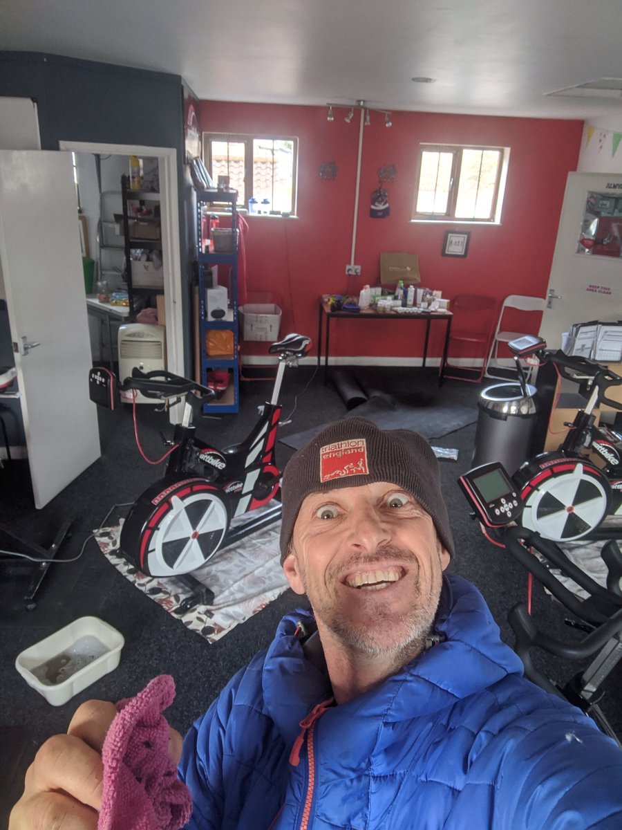 Cleaning, spraying and dancing alone in the studio, getting the Wattbikes ready to go out