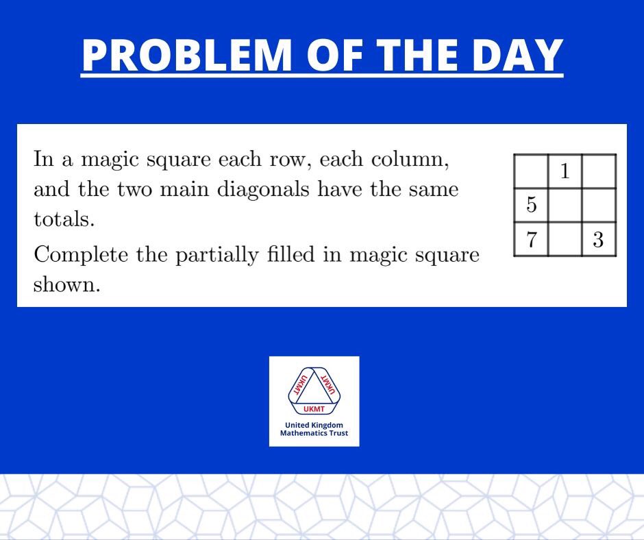 Whilst our offices are closed we'll be bringing you a Problem Of The Day (each provided by the wonderful Alan Slomson) to enable you to keep on top of your Maths skills.

We hope everyone is staying positive and healthy.

#UKMT #UKMathsTrust #YouDoTheMaths