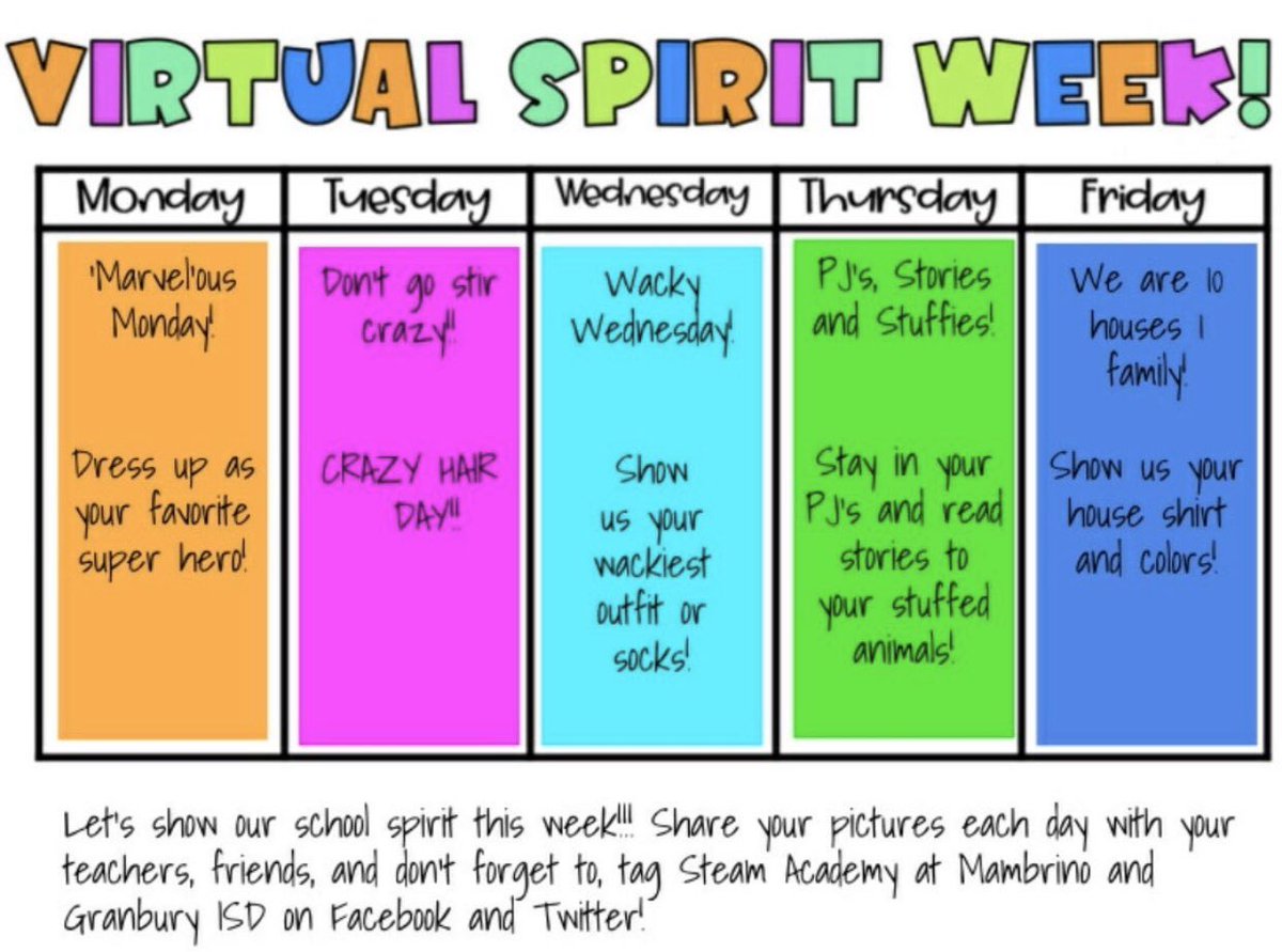 Here is a fun schedule of dress up days. Let’s show some spirit!! #Daisies19 #mambrinoSTEAM