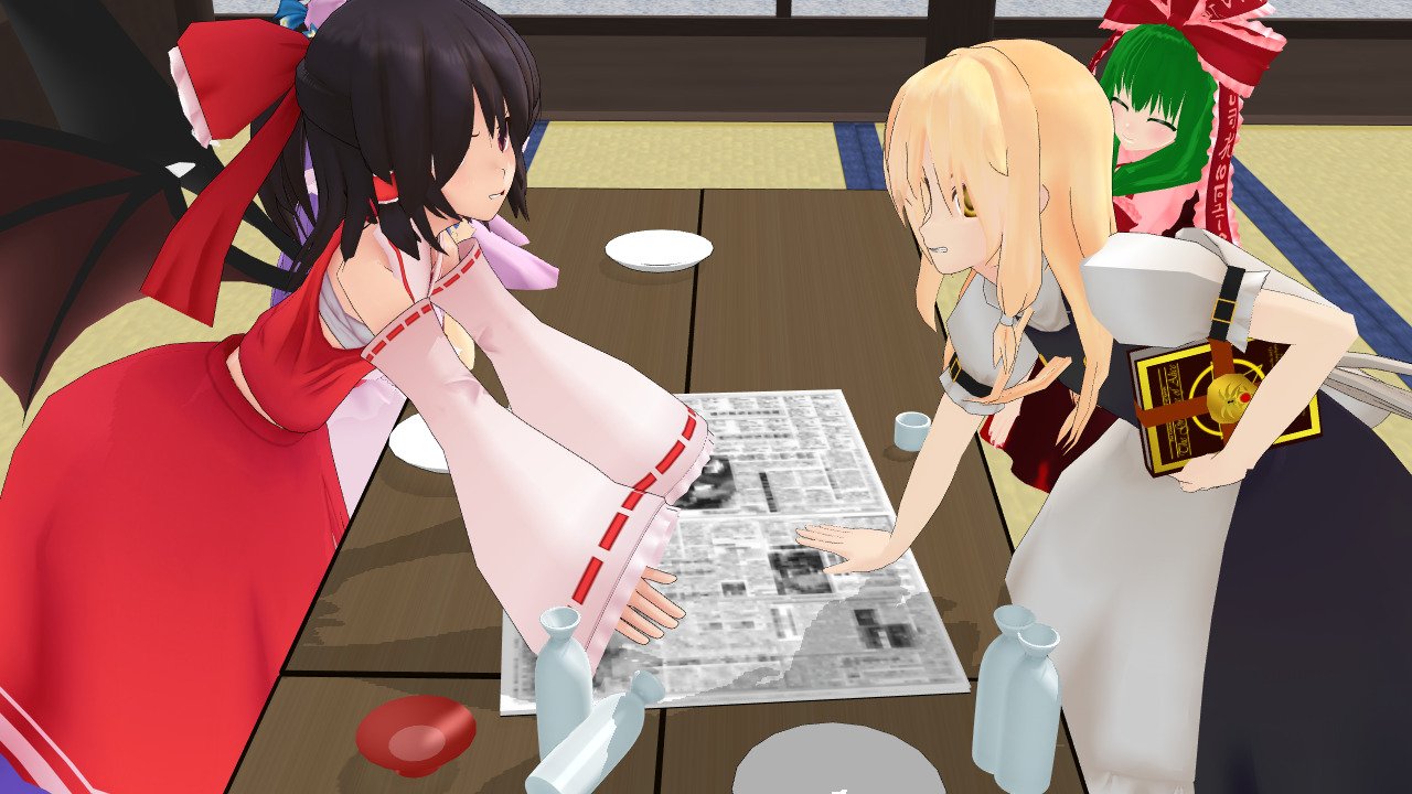 博麗 雪乃 幻想万華鏡 幻想万華鏡4話 霊夢と魔理沙がケンカ しているシーンをmmdで再現したけど 顔の見え方 竹串 レミリアの顔の位置とか再現できなかった 幻想万華鏡での守屋神社 床が木なのに私が使ったモデルは畳だった T Co