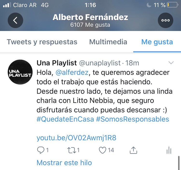 Bueno, nos likeó <a href="/alferdez/">Alberto Fernández</a> 😍 ¿Llegará esa playlist presidencial en 2020? ¡Un saludo grande y mucha fuerza, Presidente! #MeQuedoEnCasa #SomosResponsables