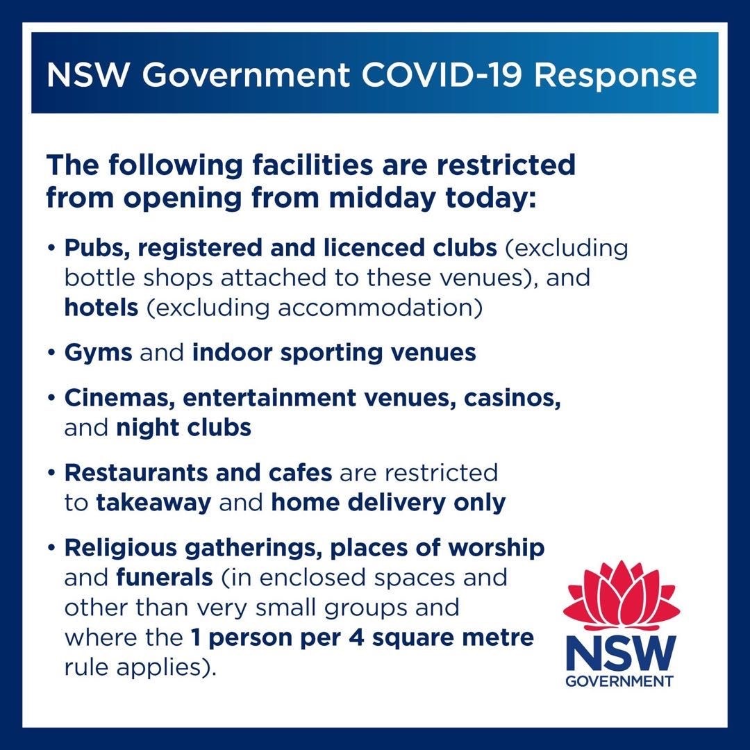 Nsw Health On Twitter As Of 23 March 2020 The Following Facilities Will Be Restricted From Opening For Information And Advice On Covid 19 For Communities And Businesses In Nsw Visit Https T Co X2jtggnonz Https T Co I8bq7h1pdv [ 1080 x 1080 Pixel ]