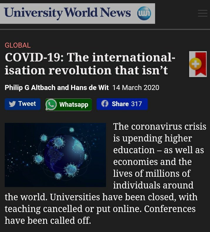 How international #highered is being affected by the #COVIDー19 crisis? And what may be the long-term consequences for #internationalization?  Here, <a href="/PhilipAltbach/">Philip G. Altbach</a> &amp; @HdeWitIHEd, from <a href="/BC_CIHE/">Center for International Higher Education</a>, reflect on the impact of #CoronavirusPandemic. <a href="/uniworldnews/">UniversityWorldNews</a> universityworldnews.com/post-mobile.ph…
