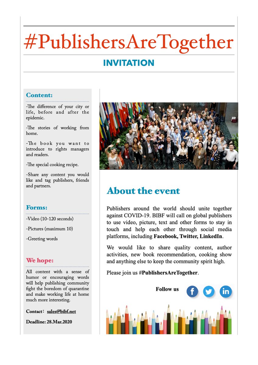 BIBF call on global publishers to join #PublishersAreTogether. We hope all content with a sense of humor or encouraging words will help publishing community fight the boredom of quarantine and make working life at home much interesting.