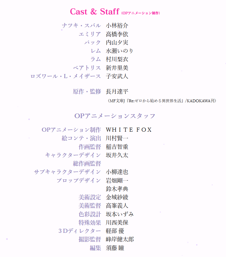 Re ゼロから始める異世界生活 Lost In Memories リゼロス 公式 Cast Staff スバル 小林裕介 エミリア 高橋李依 パック 内山夕実 レム 水瀬いのり ラム 村川梨衣 ベアトリス 新井里美 ロズワール 子安武人 原作 監修 長月達平