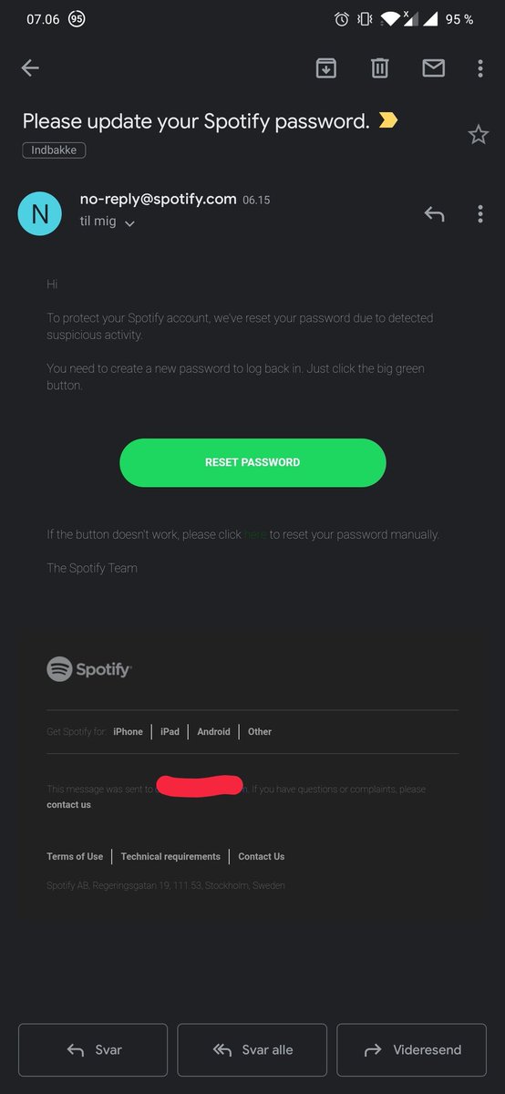 DyhrHansen's tweet photo. @SpotifyCares I received this email this morning. Is this legit? I've been informed twice of a login in the US (I'm in Denmark) and I have a hard time believing that someone cracked my randomly generated password.
I can follow up with my username in a dm. https://t.co/K9hDIhzRze