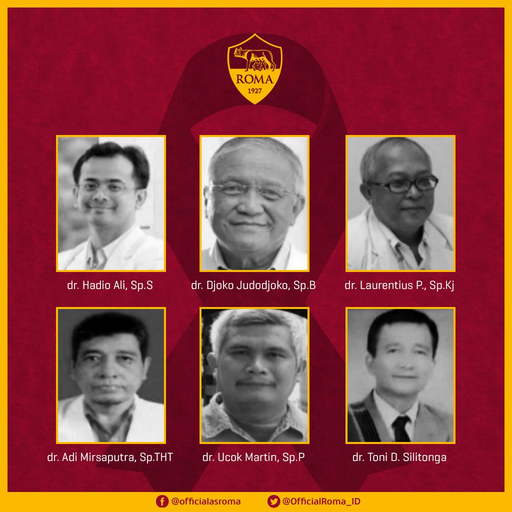 OfficialRoma_ID's tweet photo. Kami dari #ASRoma juga turut berbelasungkawa atas meninggalnya enam dokter Indonesia yang telah menjadi garda terdepan dalam memerangi pandemi #COVIDー19.

Doa terbaik dari kami untuk kalian para pahlawan yang telah gugur dan semoga krisis ini segera berakhir🙏

(📷: @PBIDI ) https://t.co/yVYU49wVPT