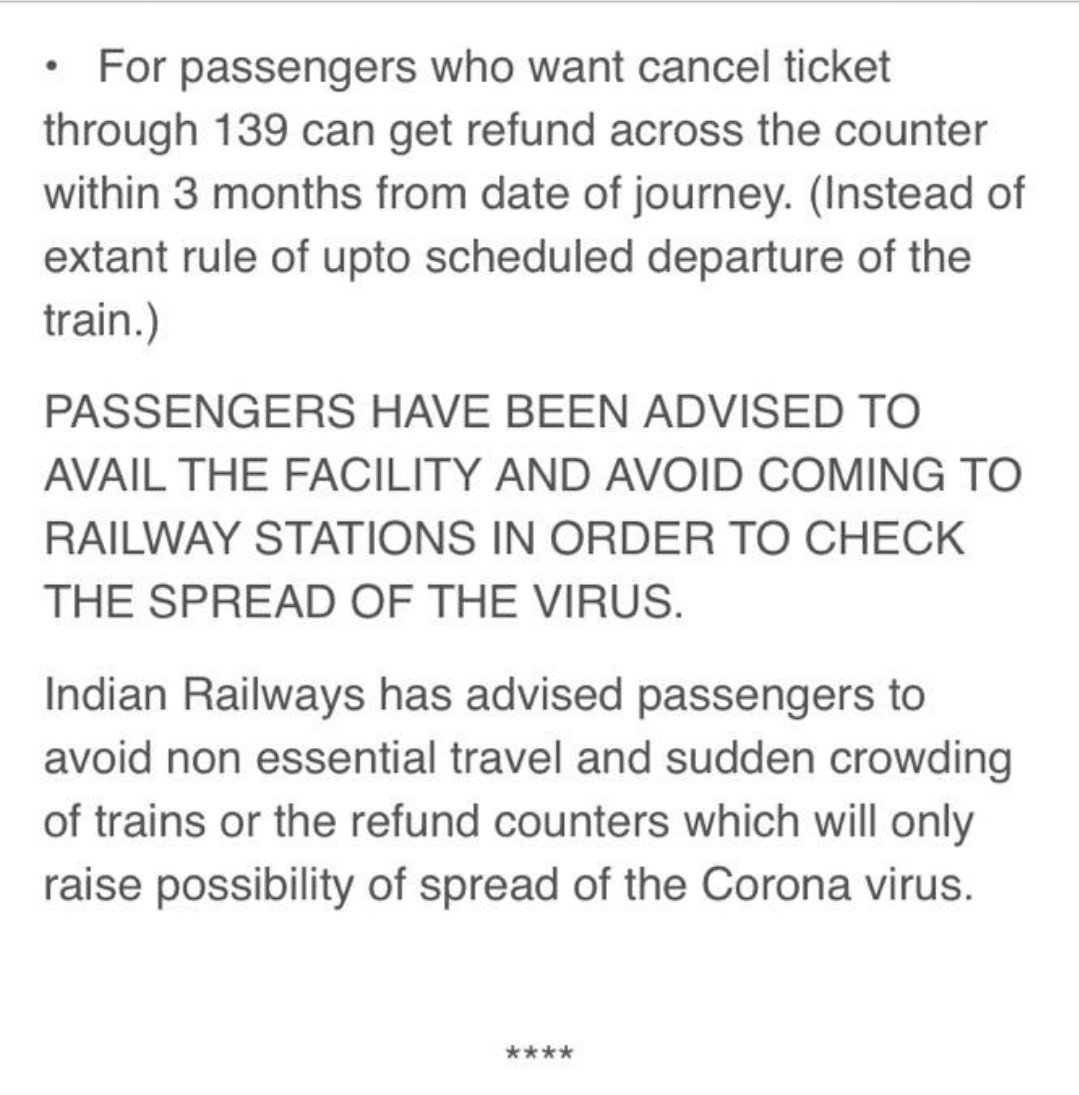 Passengers are advised to avail facility of revised refund rules for PRS generated ticket to avoid #COVID19outbreak. Kindly avoid visiting reservation office at station just to cancel ticket.
 #NoRailTravel
#Coronaindia
#CoronaUpdatesInIndia 
#COVIDー19
#COVIDIOTS
#Covid19India