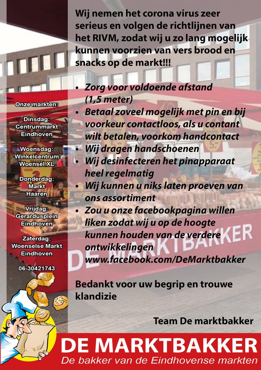 Vanaf woensdag mogen we weer naar de markten in Eindhoven.
Doe allen voorzichtig en houdt aub 1,5 meter afstand.🙏