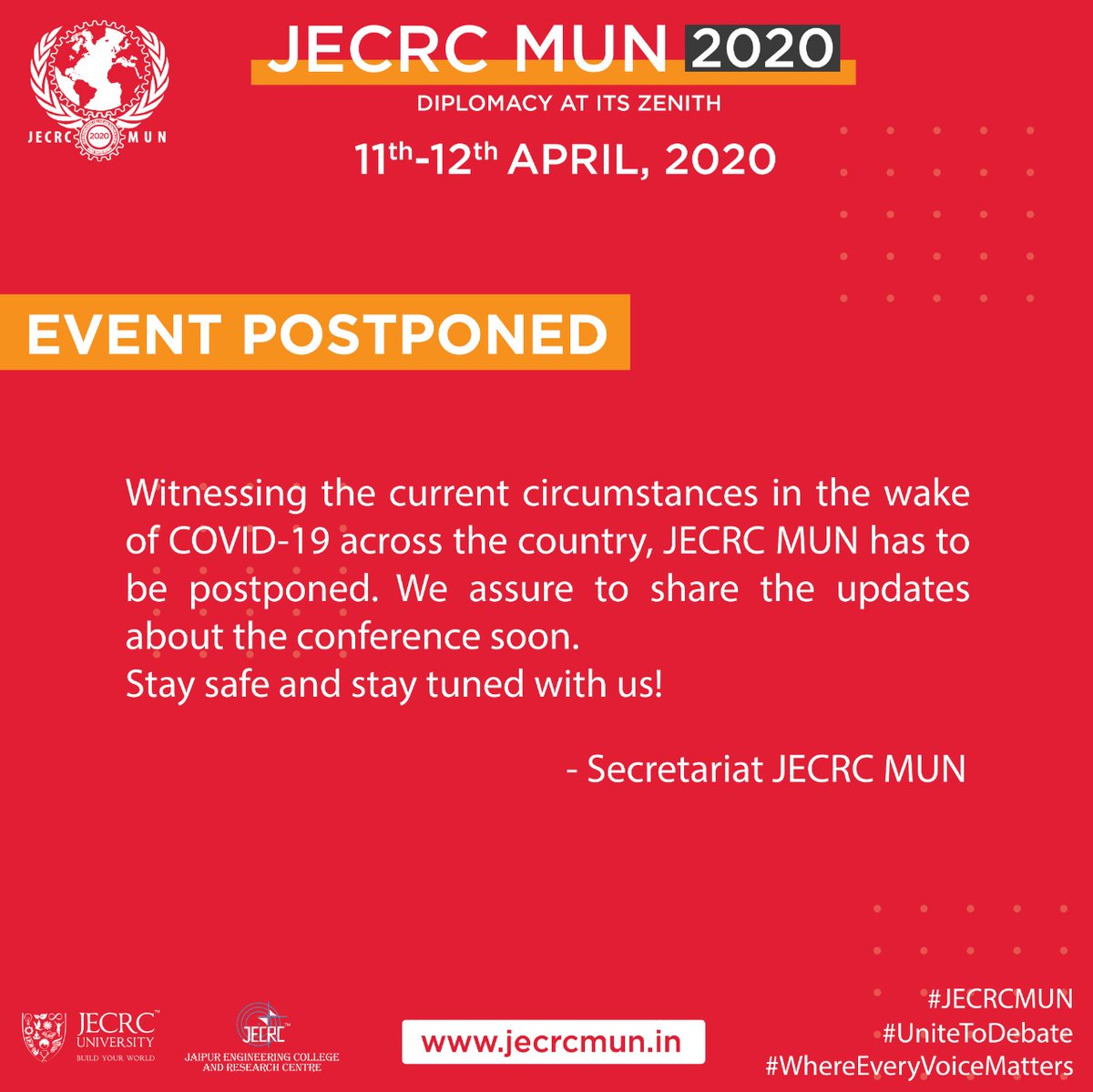 JECRC_MUN's tweet photo. Due to the conditions prevailing in the country, we regret to inform you all that the 9th edition of JECRC MUN stands postponed till furthur notice.
For any queries and details, contact the secretariat.
Regards,
Team JECRC MUN
#jecrcmun #unitetodebate #whereeveryvoicematters https://t.co/17KYgkrR7y