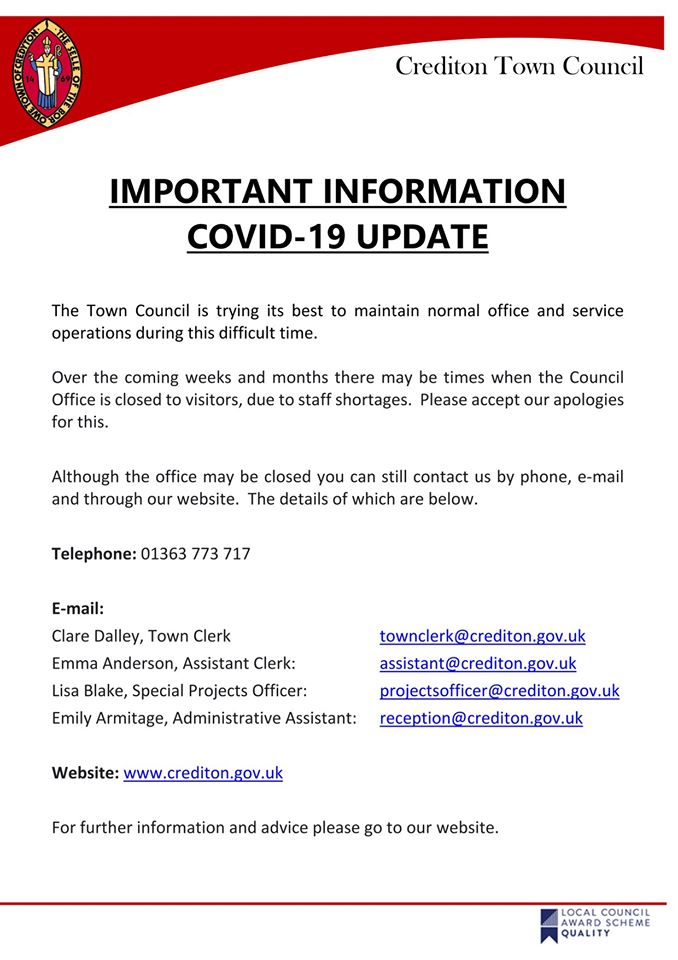 Due to staff shortages, the Town Council office will be closed to visitors today. As explained in our previous update, you can still email us or contact us via the Council's website. In case you missed that post, the contact details are below.