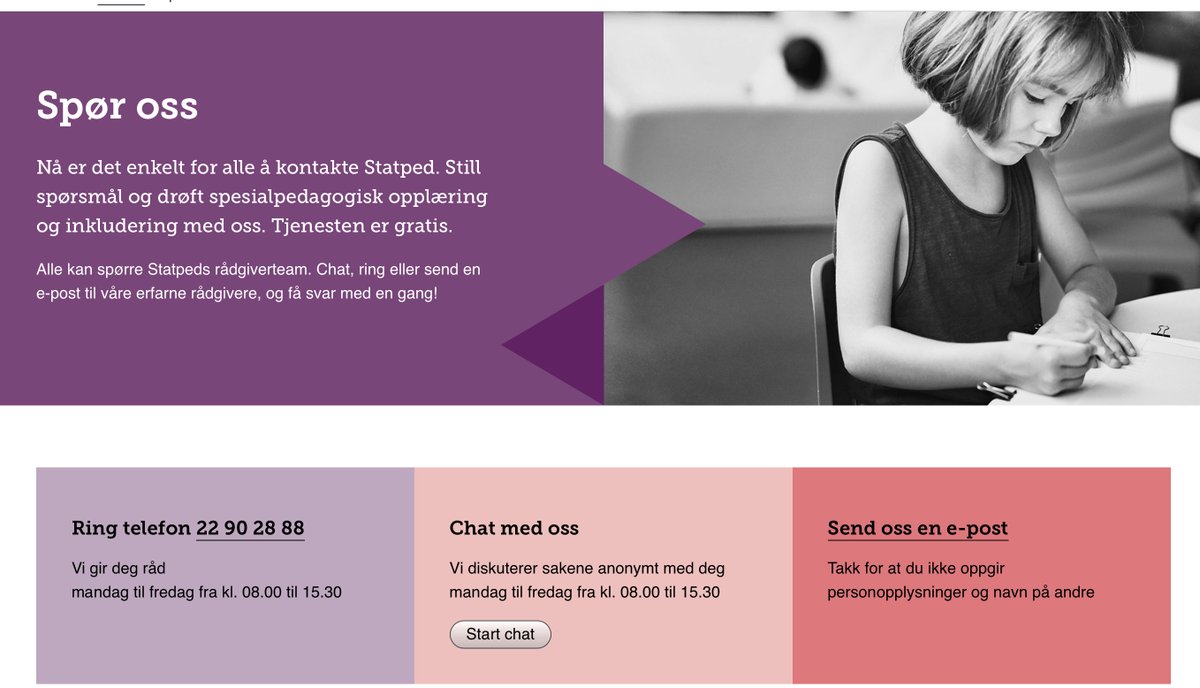 Nå har Spør oss-tjenesten i @statped utvidet tjenesten med mannskap som er dyktige på teknologi, i tillegg til spesialpedagogikk: statped.no/spor-oss/
Du kan chatte, ringe eller sende e-post  til  oss 👍🏼#koronadugnad