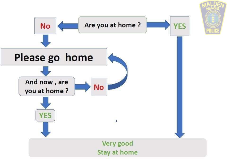 A flow chart from Malden Police to help you decide if you should stay home to help reduce the spread of COVID-19.

RT TO SAVE LIVES.
