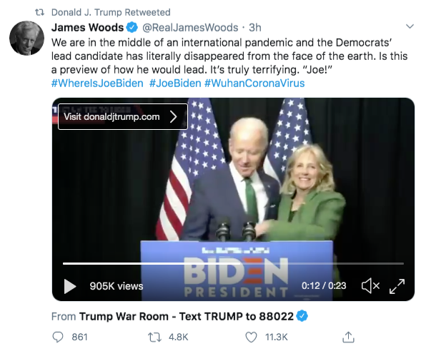 Trump this morning retweeted a particular QAnon account for the 4th time in the past 2 months, along with retweeting James Woods again, who has previously tweeted multiple screenshots of "Q" posts.