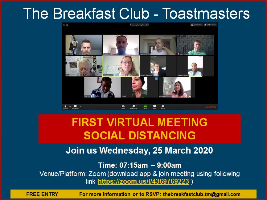 TBC_Toastmaster's tweet photo. Join us! Development doesn't have to stop.

#StayHome and be part of this meeting on Zoom. Now you get a chance to experience how a Toastmasters meeting goes.

Join us using the following link: https://t.co/nraW26LzQM

________
#StayAtHome #WeKeepGoing https://t.co/V5tYlTciKC