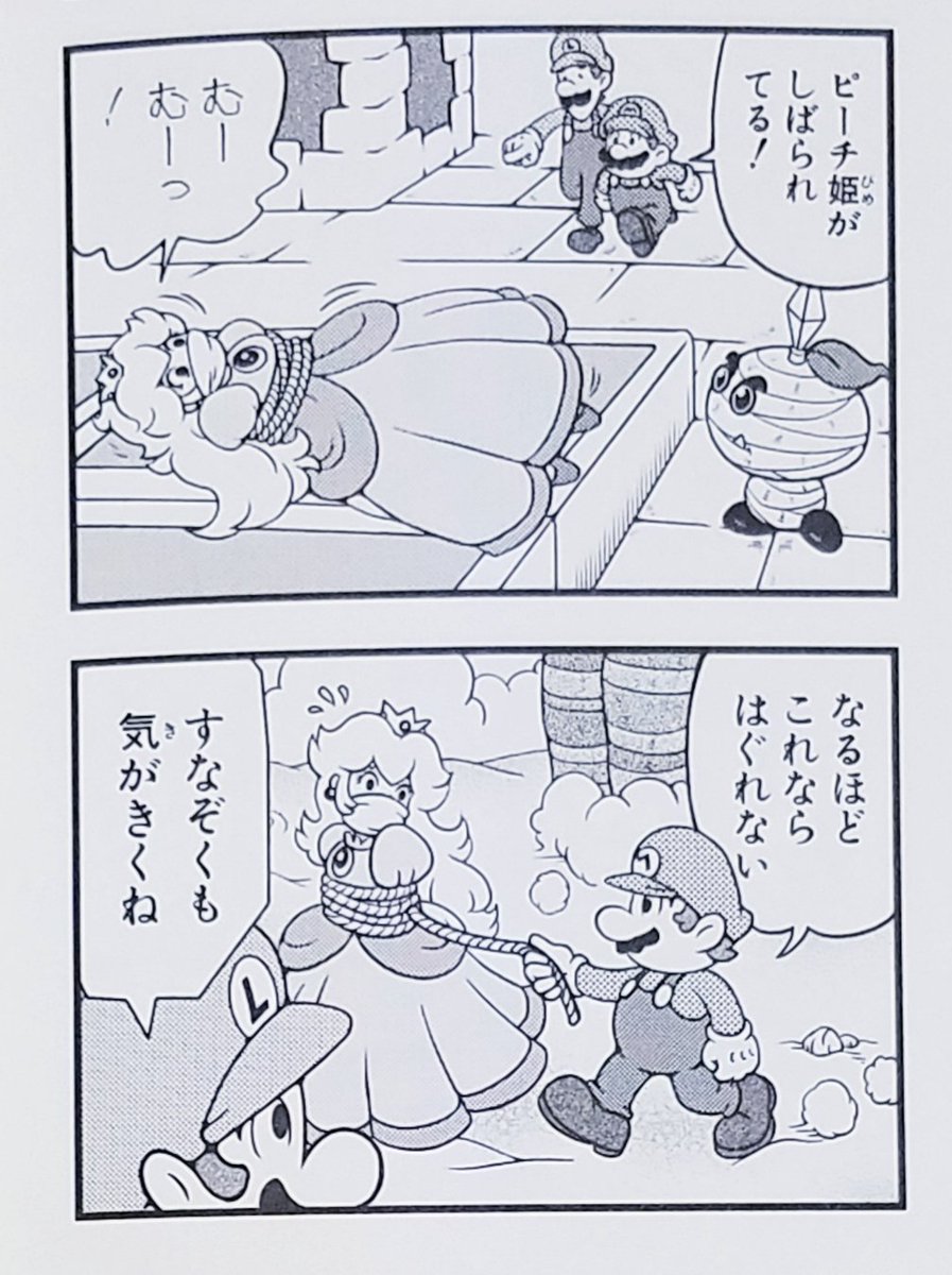GrnCactus's tweet photo. (おそらく)マイナーなネタを…。
昔見てた「マリオ&amp;ルイージRPG　4コマギャグバトル」でピーチ姫が縛られて猿轡されてるコマがありました。
ゲーム本編では姫の護衛ミッションで目を離すと実際にさらわれるのですが、猿轡はありませんでした。わざわざ付け足すとは粋な計らいを…！
#猿���　#DID https://t.co/bgAaoe9bzh